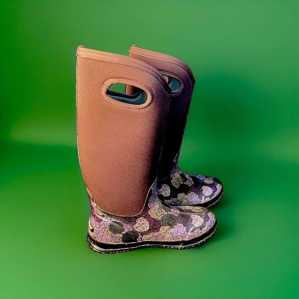 BOGS Womens Tall Waterproof Boots Purple Floral Roses Size 11 Rain Snow Boots